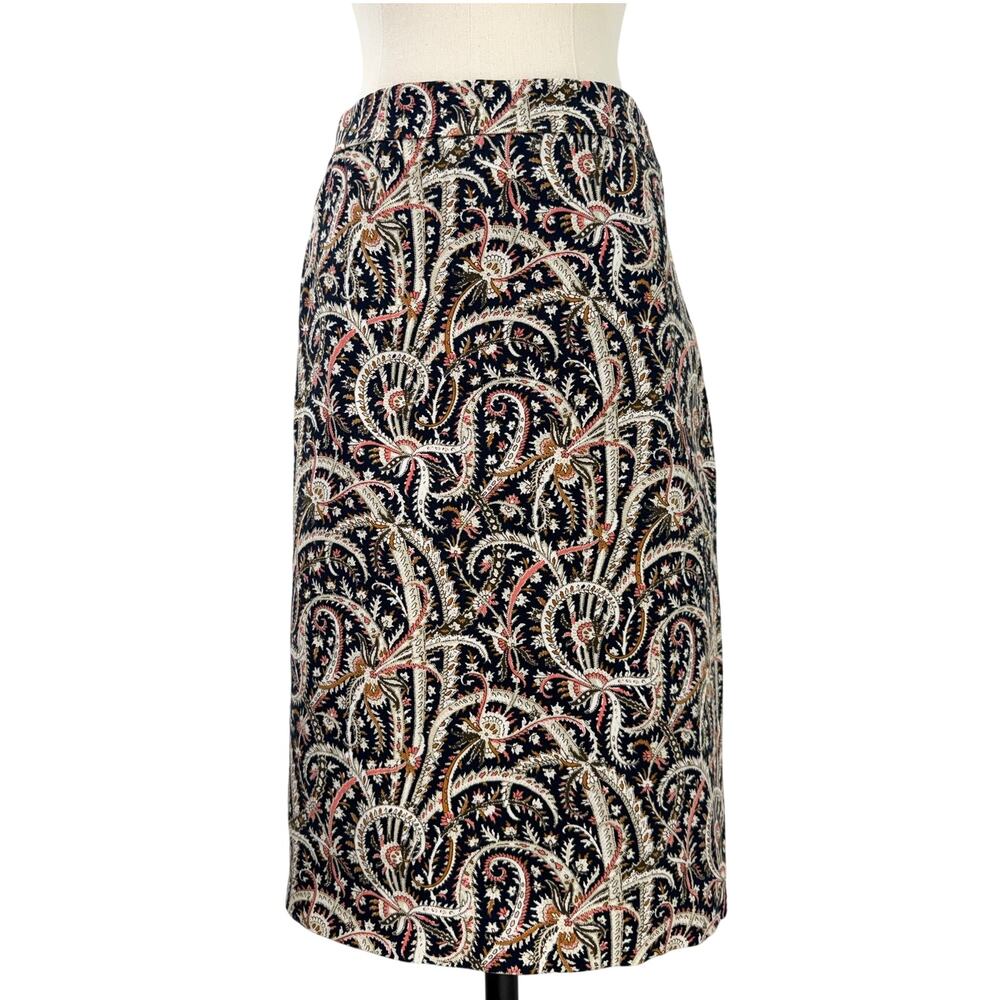 J.Crew Women's Size 10 Paisley Pencil Skirt Cotton Stretch Blue Tan